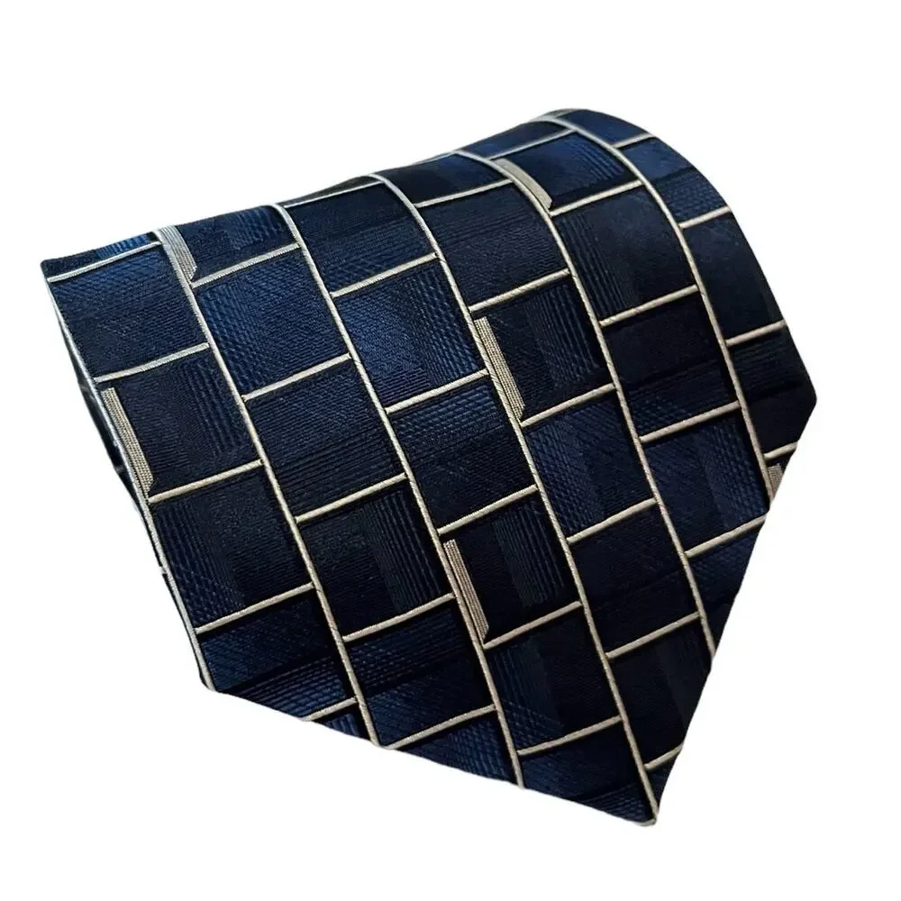 Pierre Cardin Blue Silk Tie Geometric Block Pattern Designer Necktie Modern